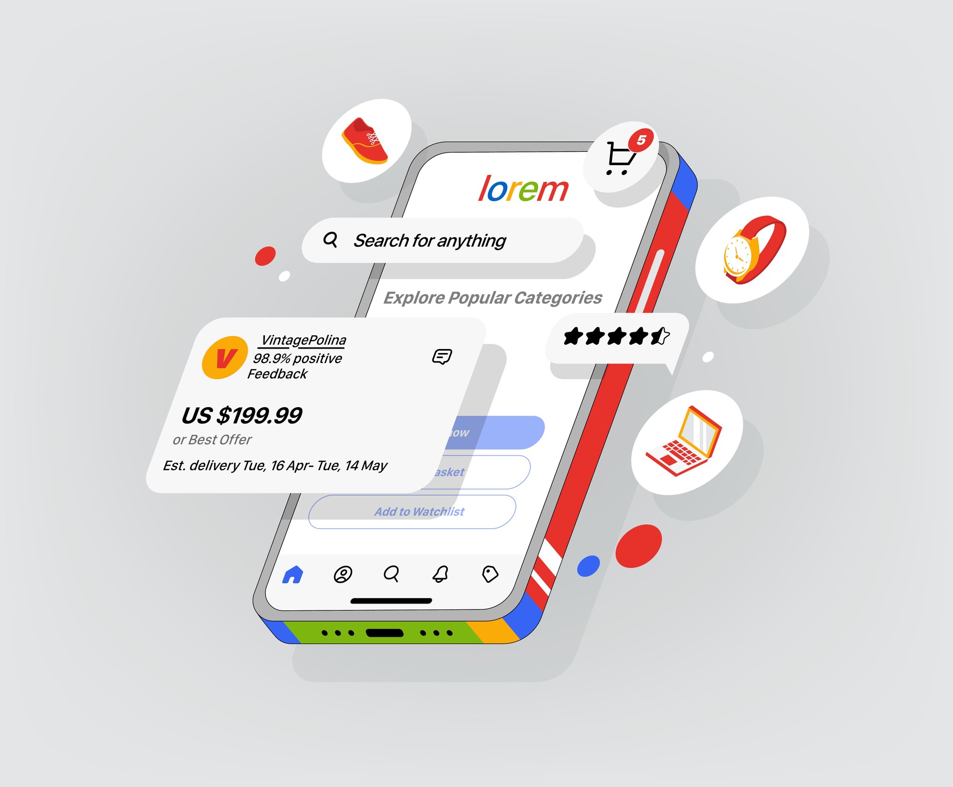 Marketplace is displayed on the Phone. Flying 3d panels of the Interface of mobile application. Online Store for the Sale and Purchase of goods. E-commerce concept Vector illustration